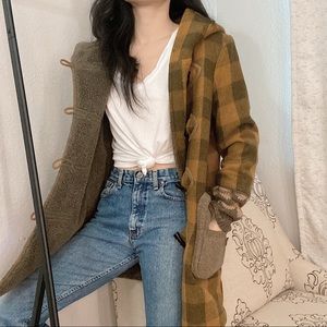 Plaid casual wool yellow hooded coat oversized